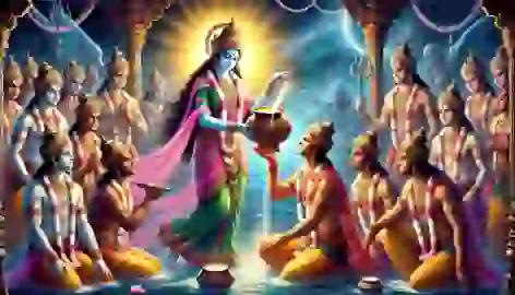 Mohini, the divine maiden avatar of Vishnu, serves the nectar of immortality to the Devas while Rahu disguises himself.