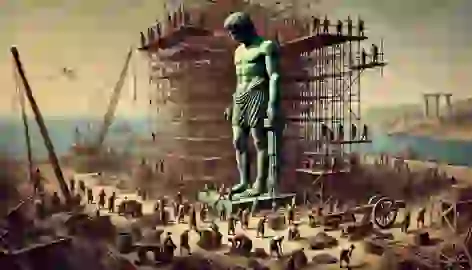 Workers constructing the Colossus of Rhodes, with scaffolding and partially completed bronze statue visible.