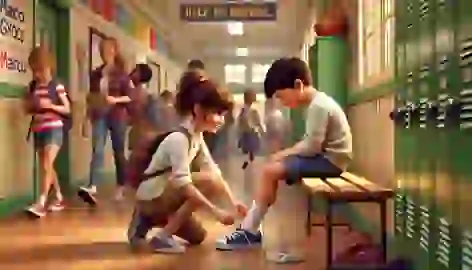 Talia helps Marco tie his shoes in a school hallway.