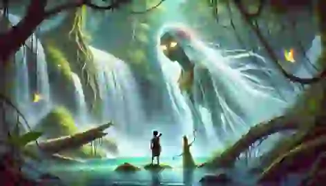 Thiago meets Iara, the glowing-eyed river spirit, near a waterfall in the lush rainforest