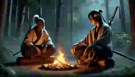 Kenshin meditates by a campfire with Sōjōbō watching, in the moonlit forest.