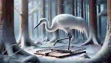 A white crane trapped in a snow-covered forest clearing, struggling in a hunter