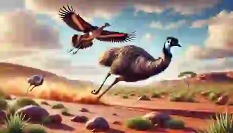 Emu sprinting on the ground and Jabiru soaring in the sky in the Australian Outback.