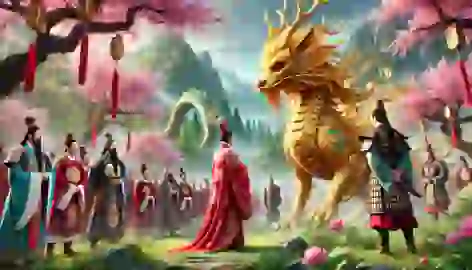  Emperor Yao humbly kneels before the Qilin amidst a mountain landscape with flowering trees and royal guards.