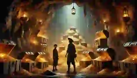 Jim Hawkins and Ben Gunn discover the hidden treasure inside a dimly lit cave filled with gold coins and chests.