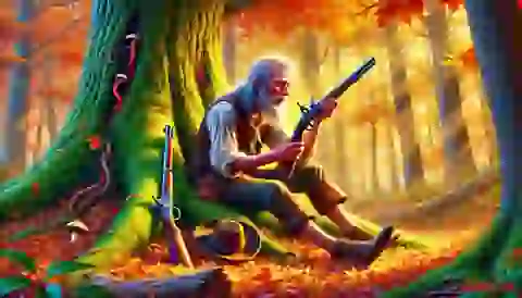 Rip Van Winkle waking up under a tree, looking at his rusted gun.