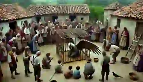 Villagers gather around the chicken coop, throwing food and poking at the old man with enormous wings.