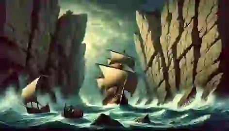 The Argo narrowly escapes between two crashing rocks, with the sea churning and storm clouds looming above.