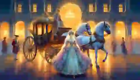 Vasilisa arrives at the ball in a splendid carriage, dressed in a fine gown.