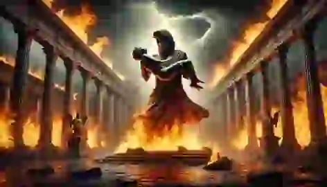 Zeus rescues the unborn Dionysus from the flames after Semele perishes in divine fire.