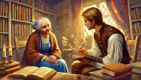 An elderly woman recounting the story of the Pied Piper to a visiting scholar.