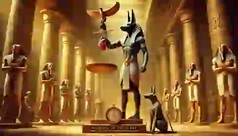 Anubis stands by the scales in the Weighing of the Heart ceremony, with Thoth recording the results in a grand hall.