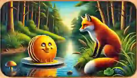 The pancake encounters a sly fox by a river, both appearing cautious and curious about each other.