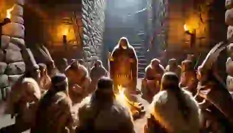 Chachapoya warriors gather in a stone hall, discussing defense strategies for their fortress.