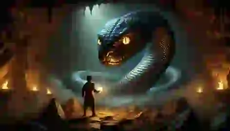 Inside a dark cave, Amaru faces a gigantic glowing-eyed serpent, holding a glowing stone as his only light source.