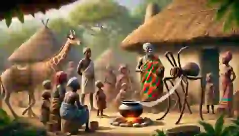 Anansi the spider talks to villagers as they tie a thread around a cooking pot in a lively village setting.