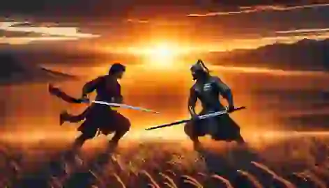 Kozi-Korpesh and Khodzhar duel on the steppes at sunrise, their weapons clashing in a battle of honor and love.