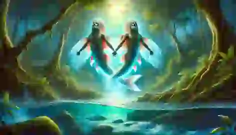 Hunahpu and Xbalanque undergoing rebirth, emerging from the river in a mystical forest.