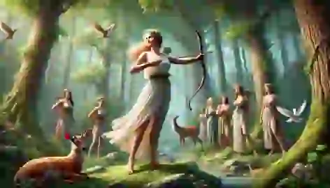 Artemis in a forest, surrounded by nymphs and animals, bow drawn in a serene, mystical scene.