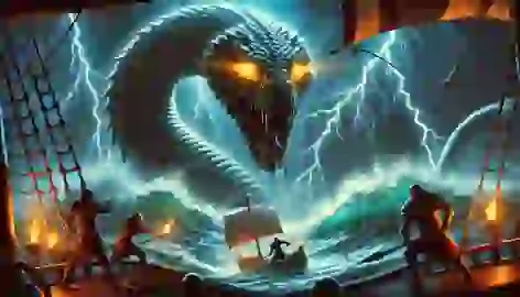 The Sea Serpent emerges from the ocean, its glowing eyes fixated on the crew as they bravely battle the creature.