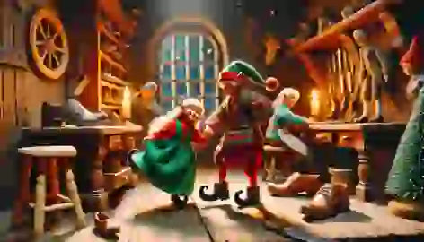 Two elves dancing joyfully in their new outfits, surrounded by tools and shoes in the workshop