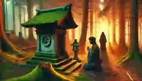  The merchant kneels in prayer at an ancient forest shrine, with the faceless woman silently watching from the shadows.