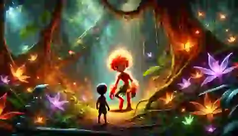 Young Kai, awestruck, meets the Curupira in a magical Amazon grove with glowing flowers and luminescent creatures.