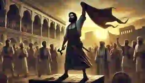 Kaveh, the blacksmith, holds his apron as a banner, rallying people to fight against Zahhak