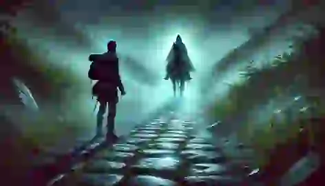 A lone traveler on a misty road looks back in fear as a shadowy figure of the Dullahan approaches in the distance.