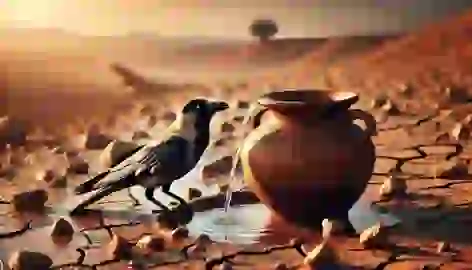 The crow drinks from the pot, now full of water, with scattered pebbles around and a dry tree in the background.