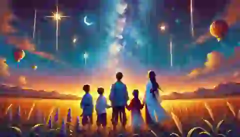 Niulang, Zhinu, and their children look up at the stars, cherishing their love.