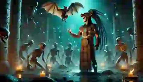 Itzamná confronts Camazotz, the bat god, in the eerie, glowing underworld of Xibalba.