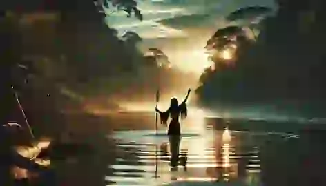 Naiá stands waist-deep in the river, arms raised to the sky, surrounded by jungle as dawn approaches.