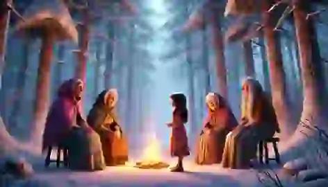 The girl stands before three wise old women in a snowy, enchanted forest with a small fire glowing nearby.