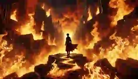 Arash facing the Trial of Fire, flames parting as he stands determined on Mount Qaf.