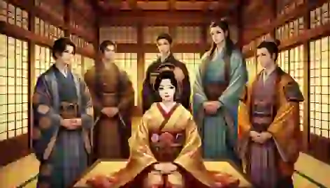 Five noble princes stand respectfully before Kaguya-hime, each longing to win her love in a traditional Japanese home.