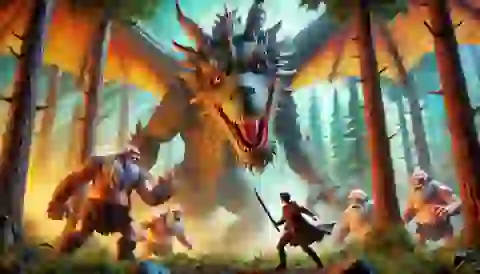 Battle with the Dragon: A fierce dragon towering over the giants with Liam hidden in the forest, ready to execute his plan. The scene is vibrant with detailed textures, showing the dragon