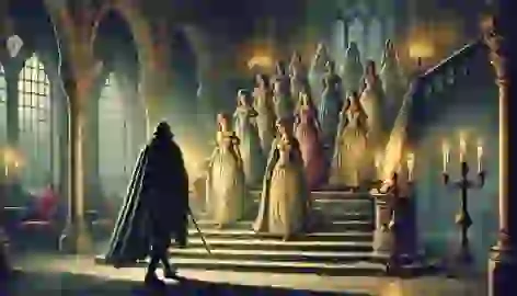 The soldier, invisible, follows the twelve princesses down a hidden staircase lit by candlelight in the grand castle.