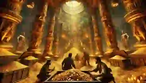 Inside the golden temple, Rodrigo and his men marvel at piles of treasure as cracks form in the walls.