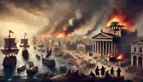 Julius Caesar’s siege of Alexandria with burning ships and smoke rising, as the Library is threatened by fire.