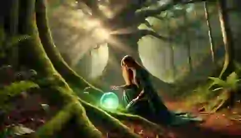 Elara kneels in a magical forest, reaching out toward a glowing crystalline orb nestled among ancient oak roots.