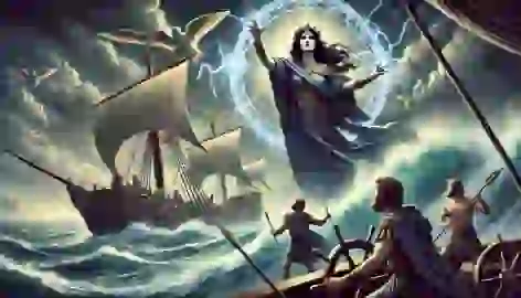 Medea casts a spell to stop her father’s fleet as the Argonauts sail through a stormy sea.