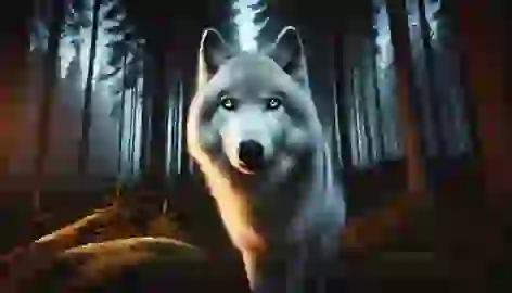 The Lupine Wolf, with silver fur and glowing amber eyes, stands in a forest clearing under the faint moonlight.