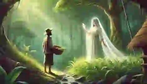  Maria Makiling helps the farmer Juan by summoning rain in a vibrant forest, as he bows before her with a basket of fruits.