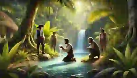 Ponce de León kneels before a spring, cupping water in his hands, surrounded by his men and lush greenery.