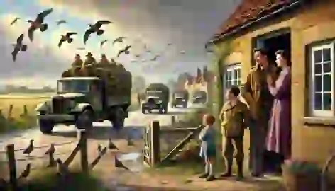 A convoy of military trucks arriving in a rural village after the bird attacks, offering hope to Nat and his family