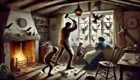 Nat barricading a window while his wife holds their children close as birds attack the cottage