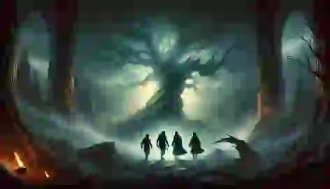 The brothers walk through the misty Valley of Shadows toward a glowing ancient tree, their fears tested by haunting illusions.