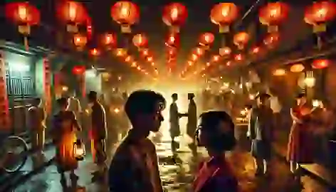 Wei and Mei reunite under red lanterns during a lively village festival, locking eyes in a moment of fate.