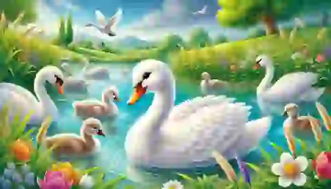 The once gray duckling, now a beautiful white swan, swims happily among other swans in a serene lake.